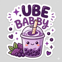 A cute purple boba tea cup with a smiling face, surrounded by stars and hearts, with text above reading UBE BABBY.