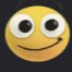 A yellow smiley face with large wide eyes and a subtle, crooked smirk.