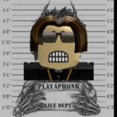 Roblox character with brown hair and sunglasses holding a mugshot sign with text.