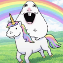 A wide-eyed hamster with an open mouth riding a white unicorn with a rainbow mane and horn in a grassy field.