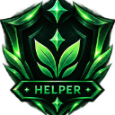 A glowing green shield badge with leaf patterns and stars, featuring the word HELPER in the center.