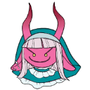 A pink demon with horns and a smug expression wearing a blue hood.