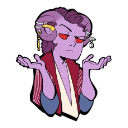 A purple-skinned character with horns and red eyes shrugging with both hands raised.