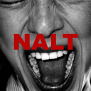 A person screaming with their mouth wide open in black and white with the red text NALT overlaid.