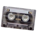 A transparent cassette tape with black magnetic reels visible inside.