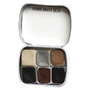 Watercolor paint palette in a small metal tin with six different colored paint pans.