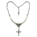 A silver gothic necklace with a cross pendant hanging from a chain.