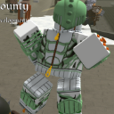 A blocky green armored character standing in a dynamic combat pose.