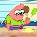A cartoon pink starfish with large, sad eyes looking down at a scoop of yellow ice cream that has fallen onto the ground.