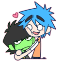 A blue-haired character with a wide, happy expression hugs a grumpy green-skinned character who looks unimpressed, with a sm…