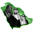 Three men in traditional headwear portrait style superimposed over a green map silhouette.
