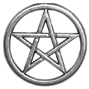 A silver five-pointed star enclosed in a circular ring against a black background.