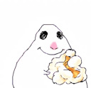 A simple line-art creature with a pink nose smiling while holding a snack.