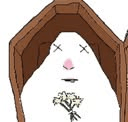 A simple white character with X-shaped eyes lying in a brown coffin while holding a small bouquet of flowers.