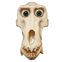 An elongated animal skull with large, intense green human eyes staring forward.