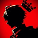 A dark silhouette of a person wearing a crown against a solid red background.