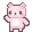 A small pink pixel art bear waving its paw in a friendly gesture.