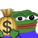 Pepe the Frog holding a gold money bag with a dollar sign on it.