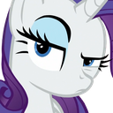 A white unicorn pony with purple hair looking sideways with a skeptical and judgmental expression.