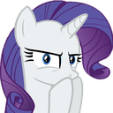 Rarity the unicorn looking suspicious with narrowed eyes and a skeptical expression.