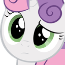 Sweetie Belle the pony with a suspicious and skeptical facial expression.