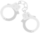 Handcuffs connected by a short chain shown in a flat, gray, stylized design.
