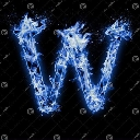 Letter W glowing with intense blue flames against a dark background.