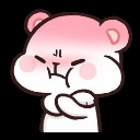 A small, cute pink bear with its cheeks puffed out in a pout and arms crossed tightly against its chest.