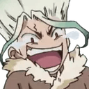 Senku Ishigami laughing with a wide, manic grin and spiky hair.
