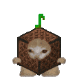 A sad cat face inside a wooden block with a floating musical note above it.