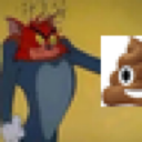 Cartoon cat with a red angry face holding up a smiling brown poop icon.