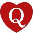 Letter Q in a white serif font centered inside a solid red heart shape.