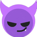A purple circular face with two horns, narrow eyes, and a smirk showing a single white tooth.