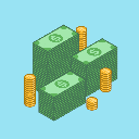 Stacks of green dollar bills and falling gold coins rendered in a pixel art style.