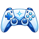 A blue and white gaming controller with a glowing star icon in the center.