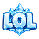 The letters LOL rendered in a 3D icy blue crystalline font.