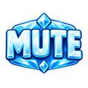 A blue crystal badge with the word MUTE written in white block letters.