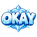 The word OKAY rendered in a 3D icy blue crystalline font.