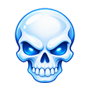 A skull with glowing blue eyes and a stylized, polished appearance.