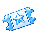 A glowing blue ticket with a star icon in the center.