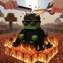 A green pixelated zombie wearing sunglasses sits calmly in a ring of fire while hands use a comb and scissors to cut its hai…