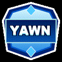 A blue shield-shaped badge with the word YAWN written in white capital letters.