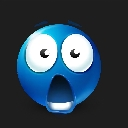 A blue spherical face with wide, surprised eyes and an open, gaping mouth expressing shock.