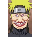 A distorted anime character face with a wide, exaggerated grin and a headband.