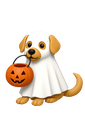 A golden retriever puppy wearing a white sheet ghost costume and holding a small orange jack-o'-lantern bucket in its mouth.
