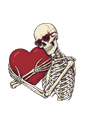 A skeleton wearing sunglasses affectionately hugging a large red heart.