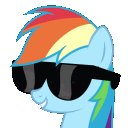 Rainbow Dash wearing black sunglasses with a confident smile.