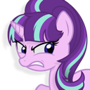 Starlight Glimmer with a purple coat and teal-streaked mane looking sideways with a suspicious, narrowed-eye expression.