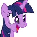 A purple pony with a dark blue mane and a bright, happy smile.