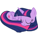 Twilight Sparkle the purple unicorn pony curled up in a ball with her eyes closed, sleeping peacefully.